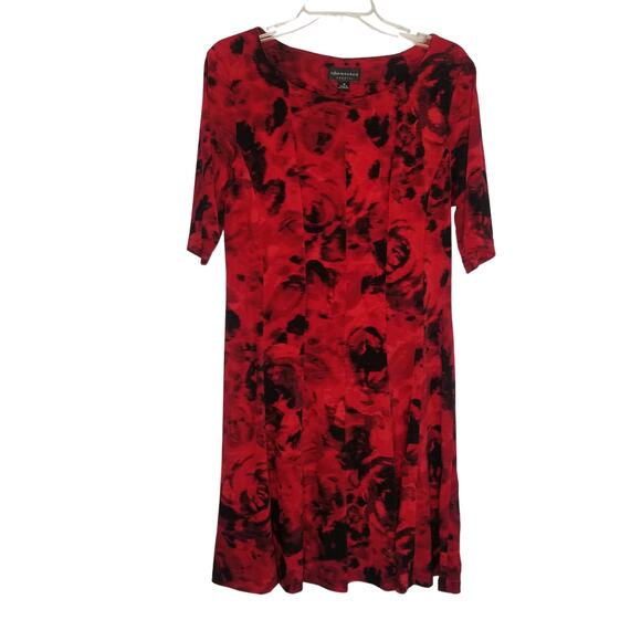 Connected Apparel Red Black Floral Print Dress 3/4 Length Sleeves, Size 12 - Picture 2 of 9